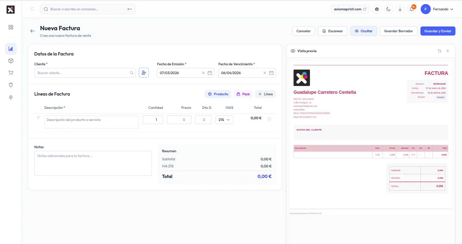 Creacion de factura en Factuarea con vista previa en tiempo real
