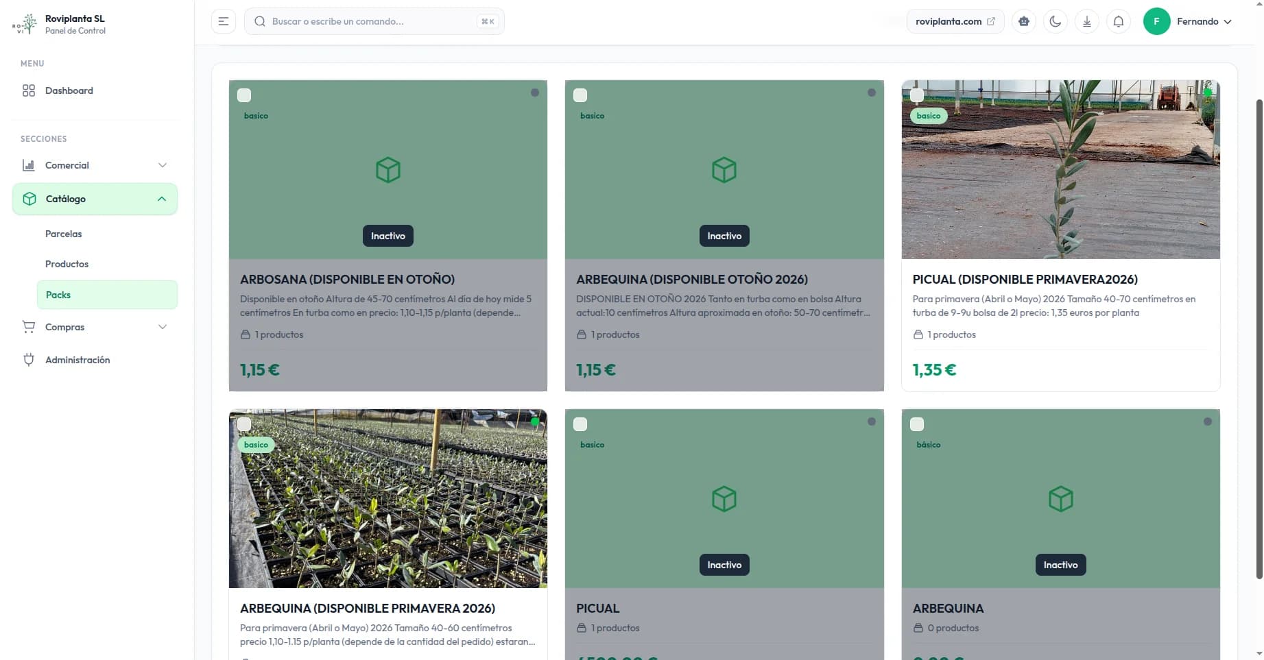 Catalogo de productos de Roviplanta con tarjetas de variedades y fotos